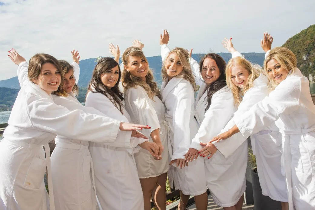 Bride and bridal party overlooking Lake Annecy